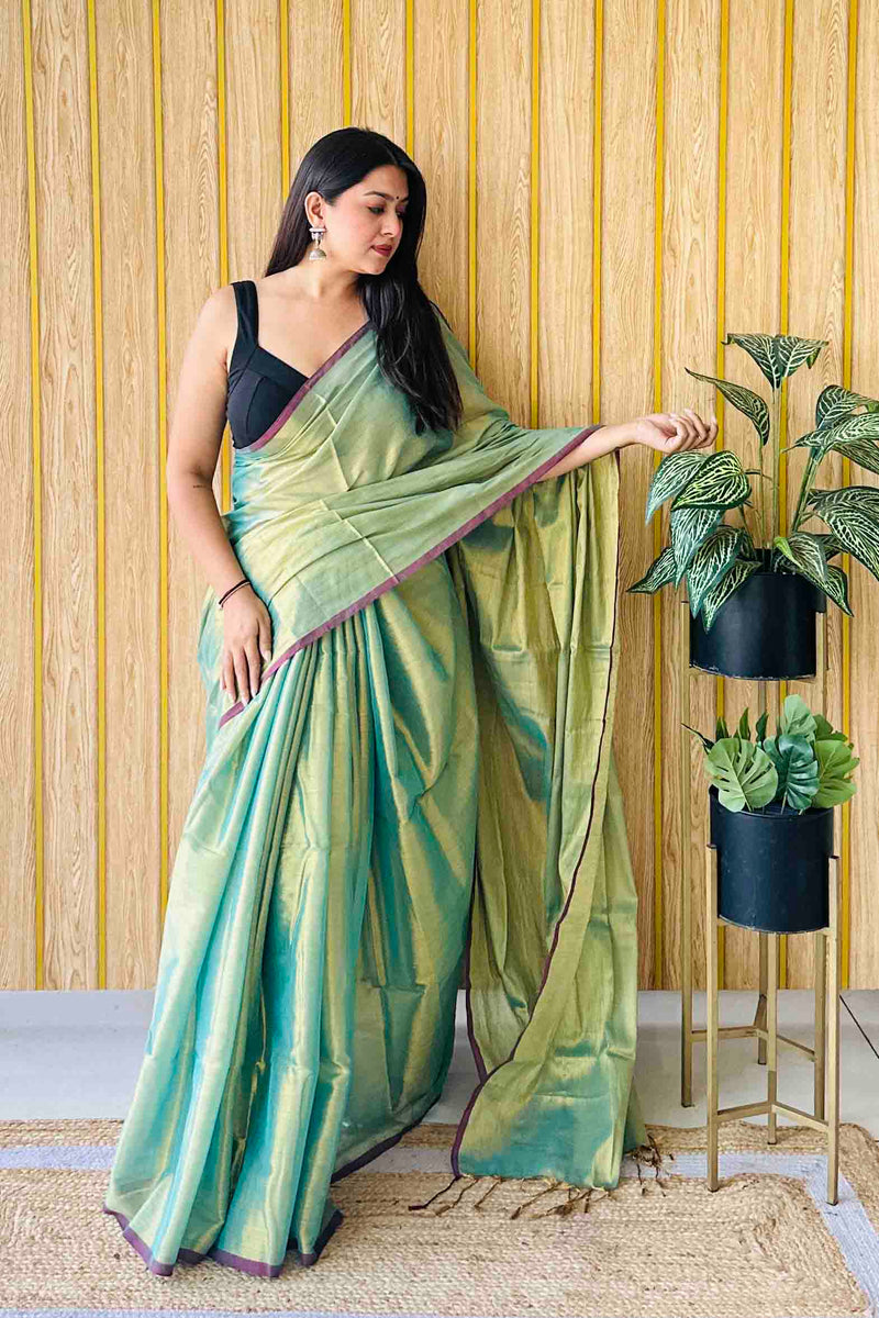 Teal Handloom Cotton Tissue Saree