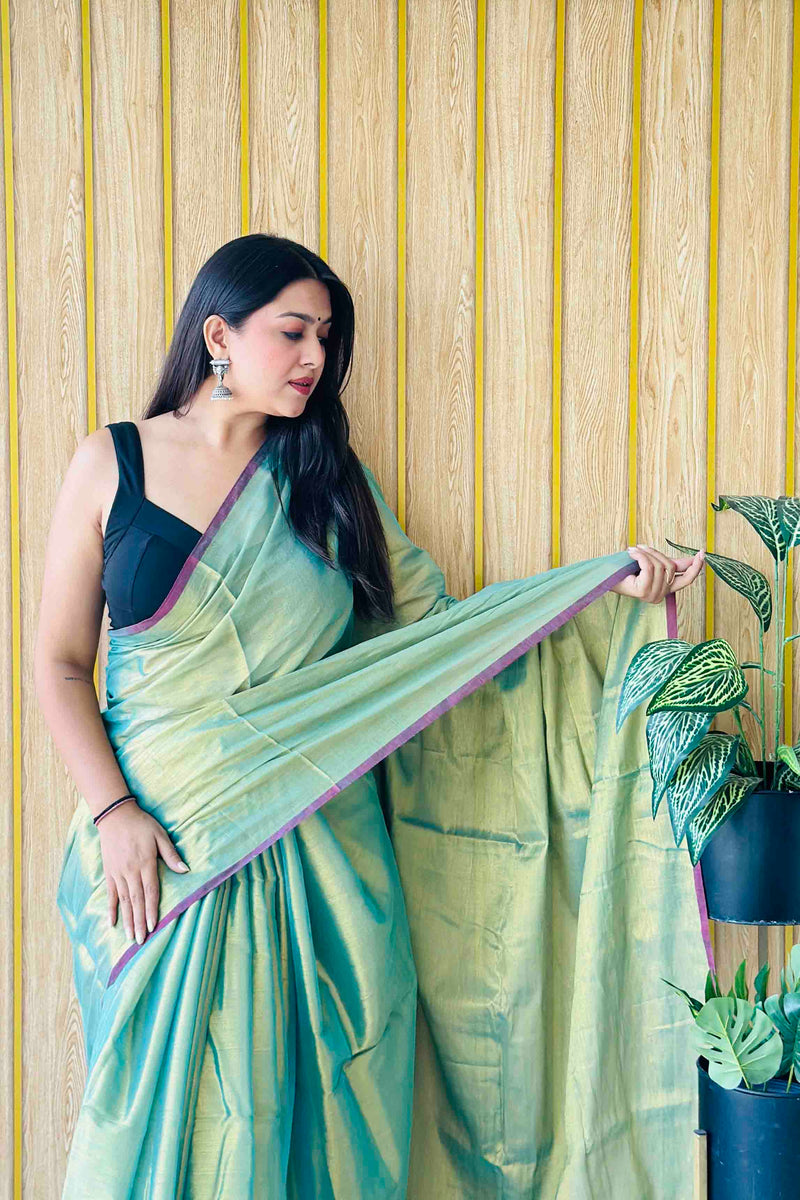 Teal Handloom Cotton Tissue Saree