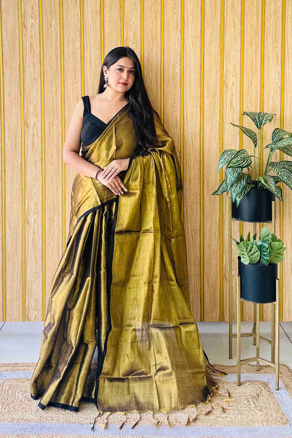 Copper Black Handloom Cotton Tissue Saree