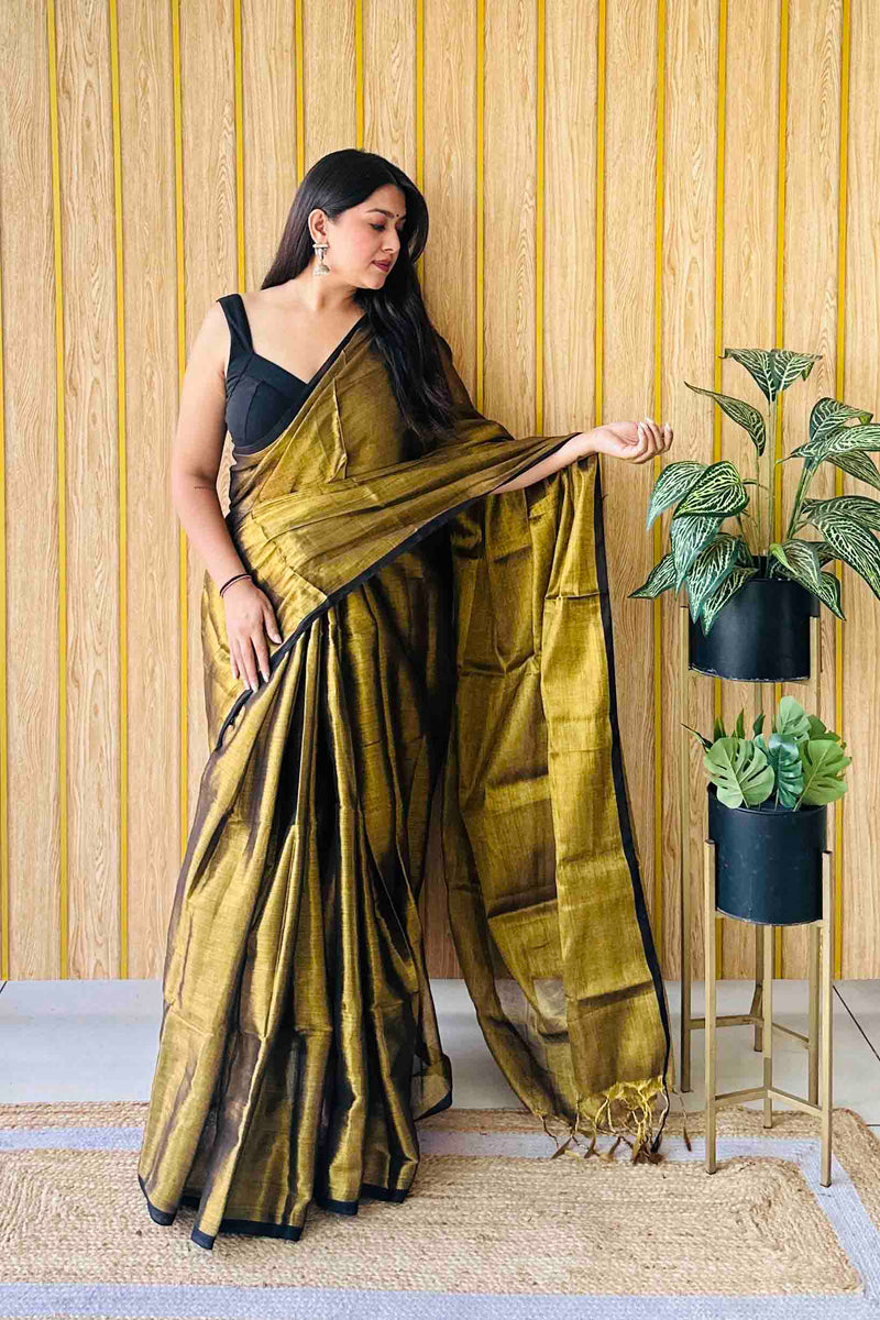 Copper Black Handloom Cotton Tissue Saree