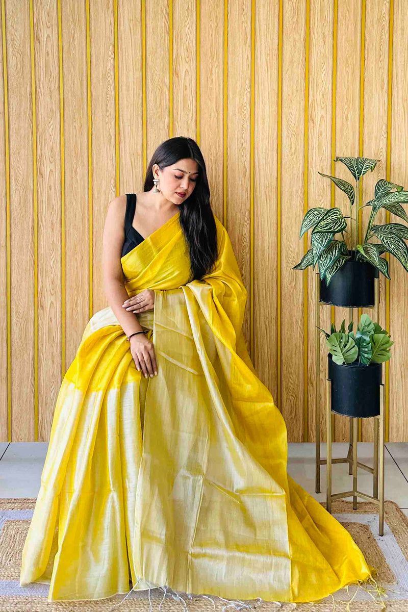 Yellow Handloom Cotton Tissue Saree