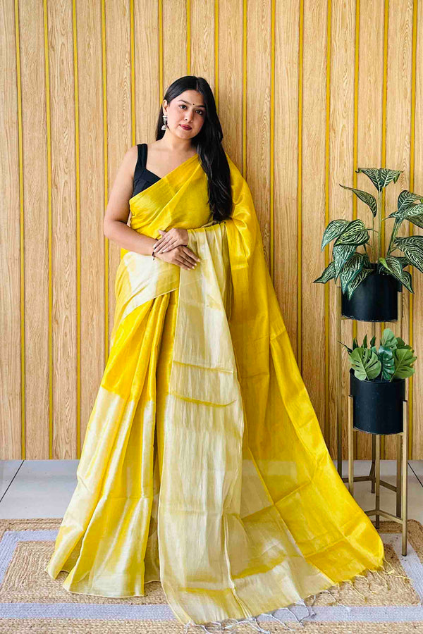 Yellow Handloom Cotton Tissue Saree