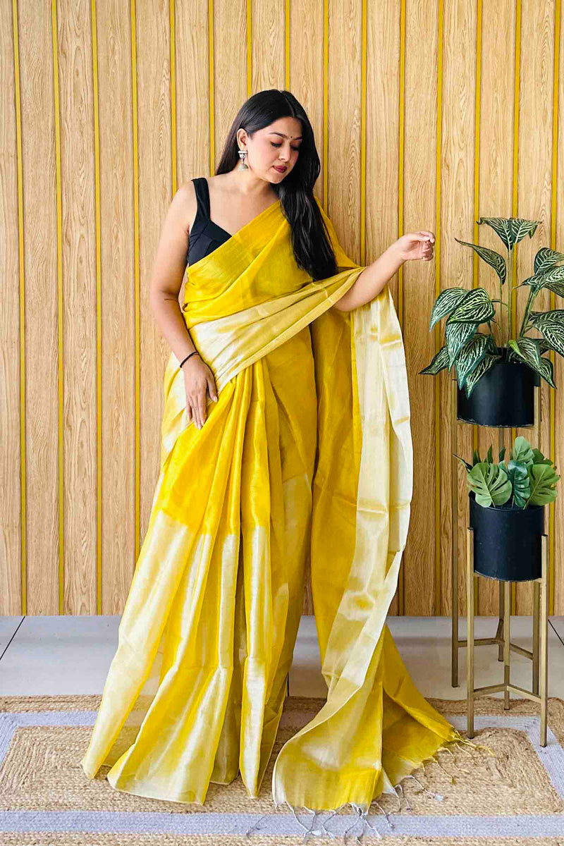 Yellow Handloom Cotton Tissue Saree