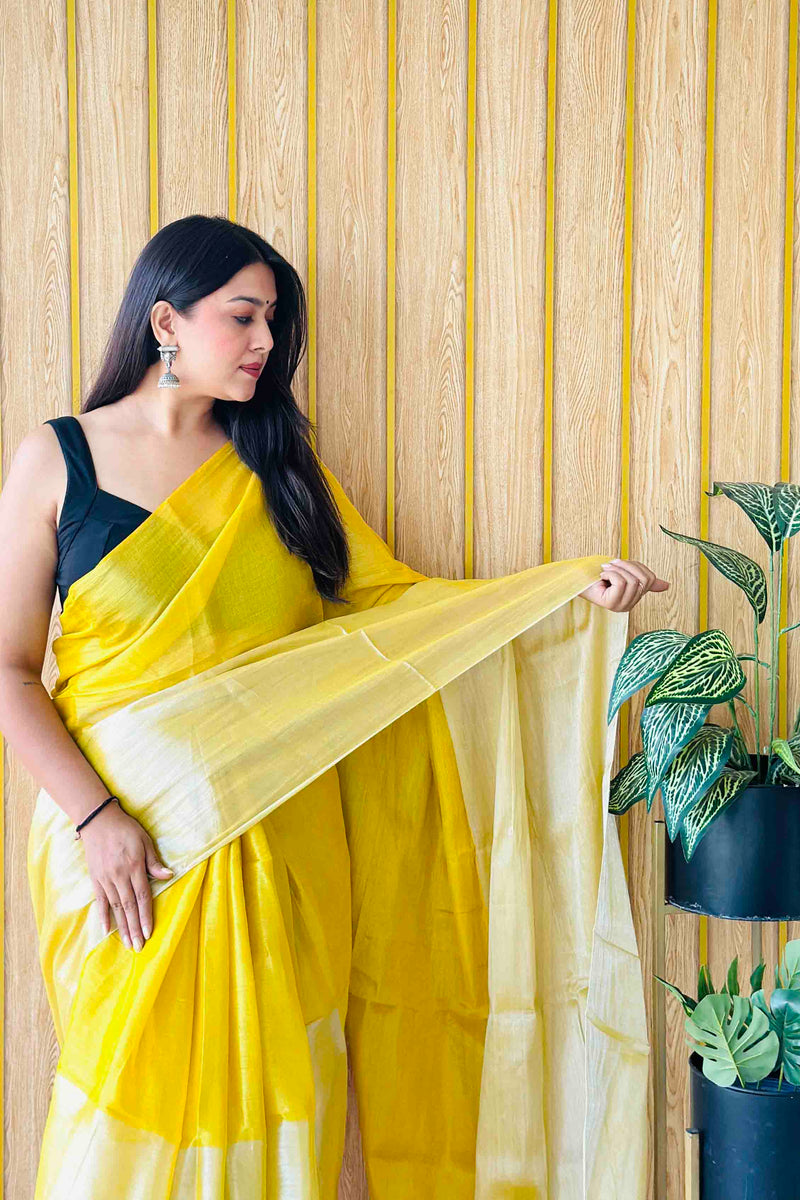 Yellow Handloom Cotton Tissue Saree