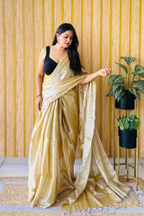 Cream Handloom Cotton Tissue Saree