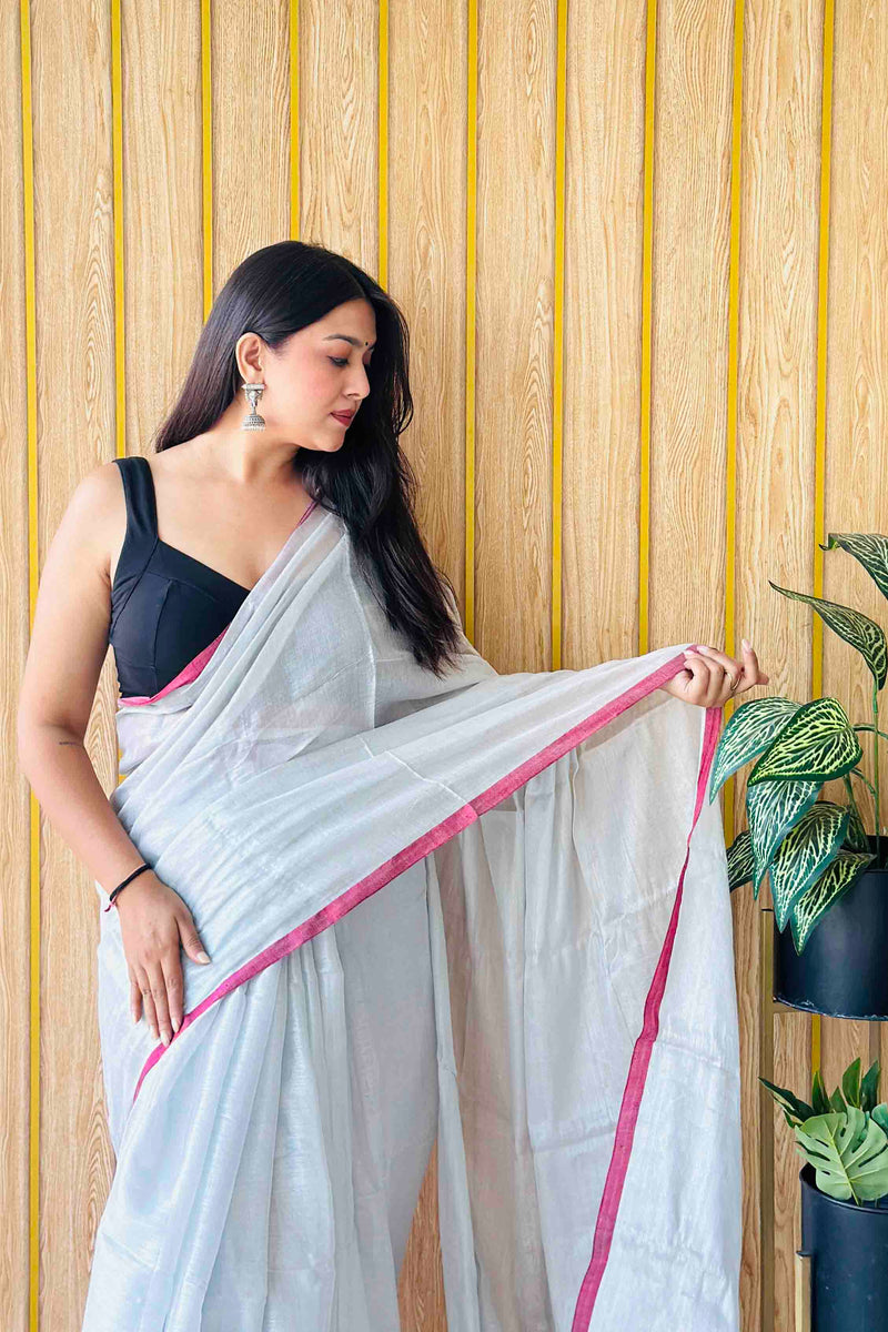 Silver Handloom Cotton Tissue Saree