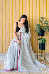 Silver Handloom Cotton Tissue Saree