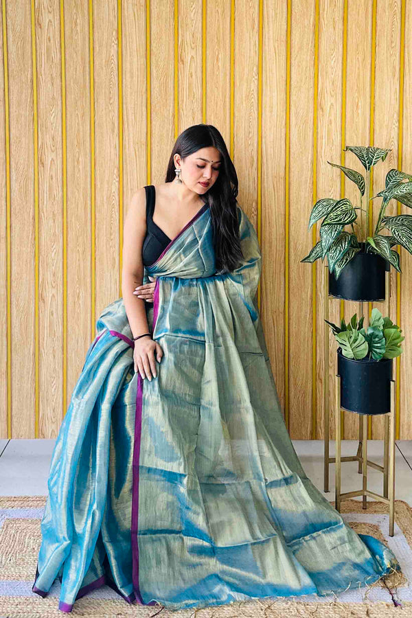 Cerulean Handloom Cotton Tissue Saree