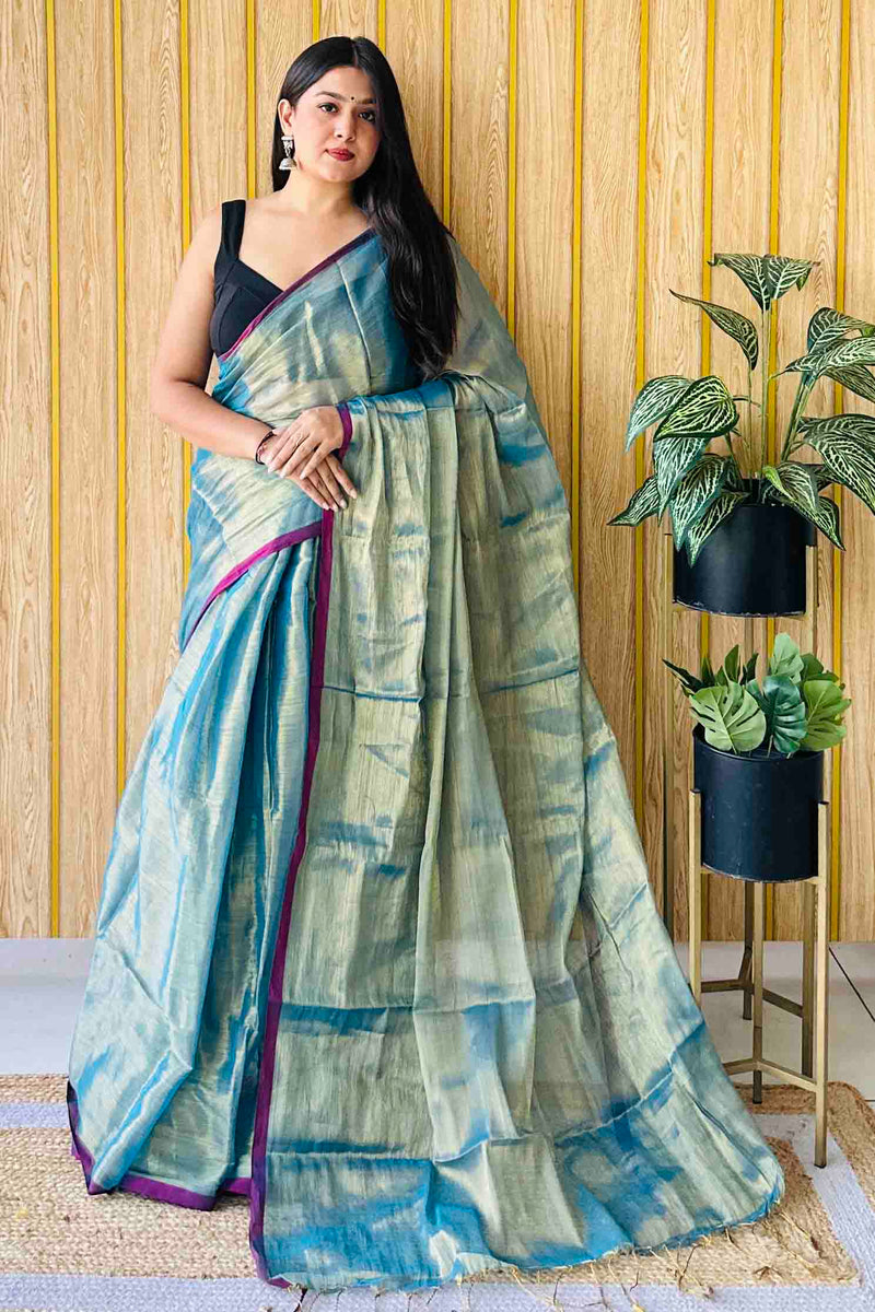 Cerulean Handloom Cotton Tissue Saree