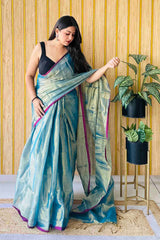 Cerulean Handloom Cotton Tissue Saree