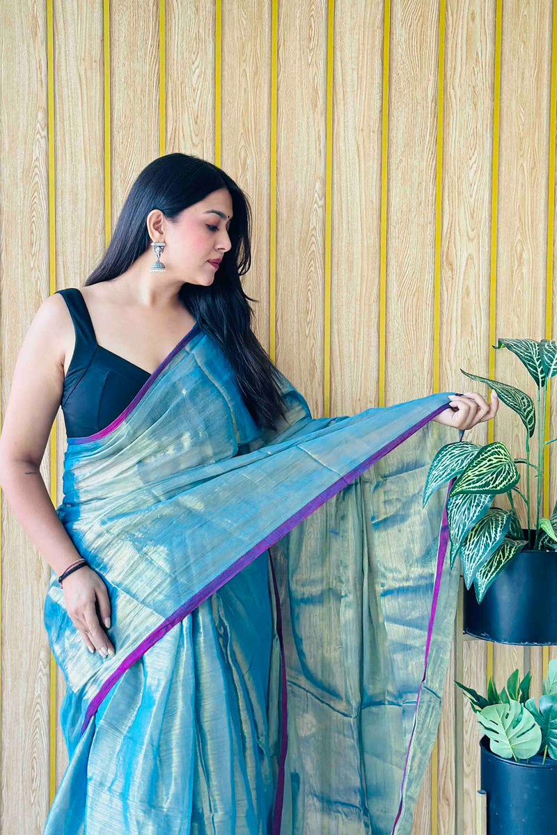 Cerulean Handloom Cotton Tissue Saree