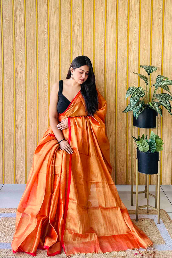 Orange Handloom Cotton Tissue Saree