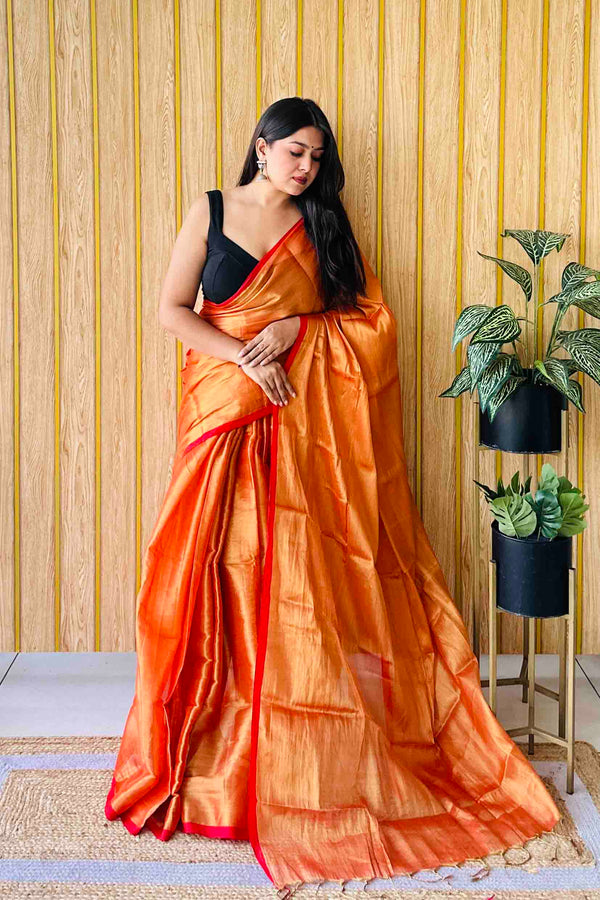 Orange Handloom Cotton Tissue Saree