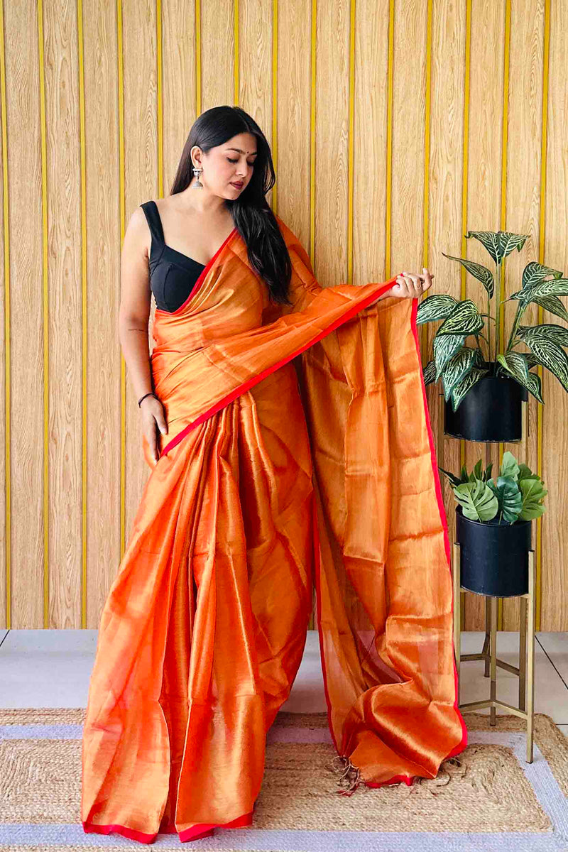 Orange Handloom Cotton Tissue Saree