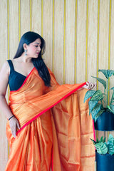 Orange Handloom Cotton Tissue Saree