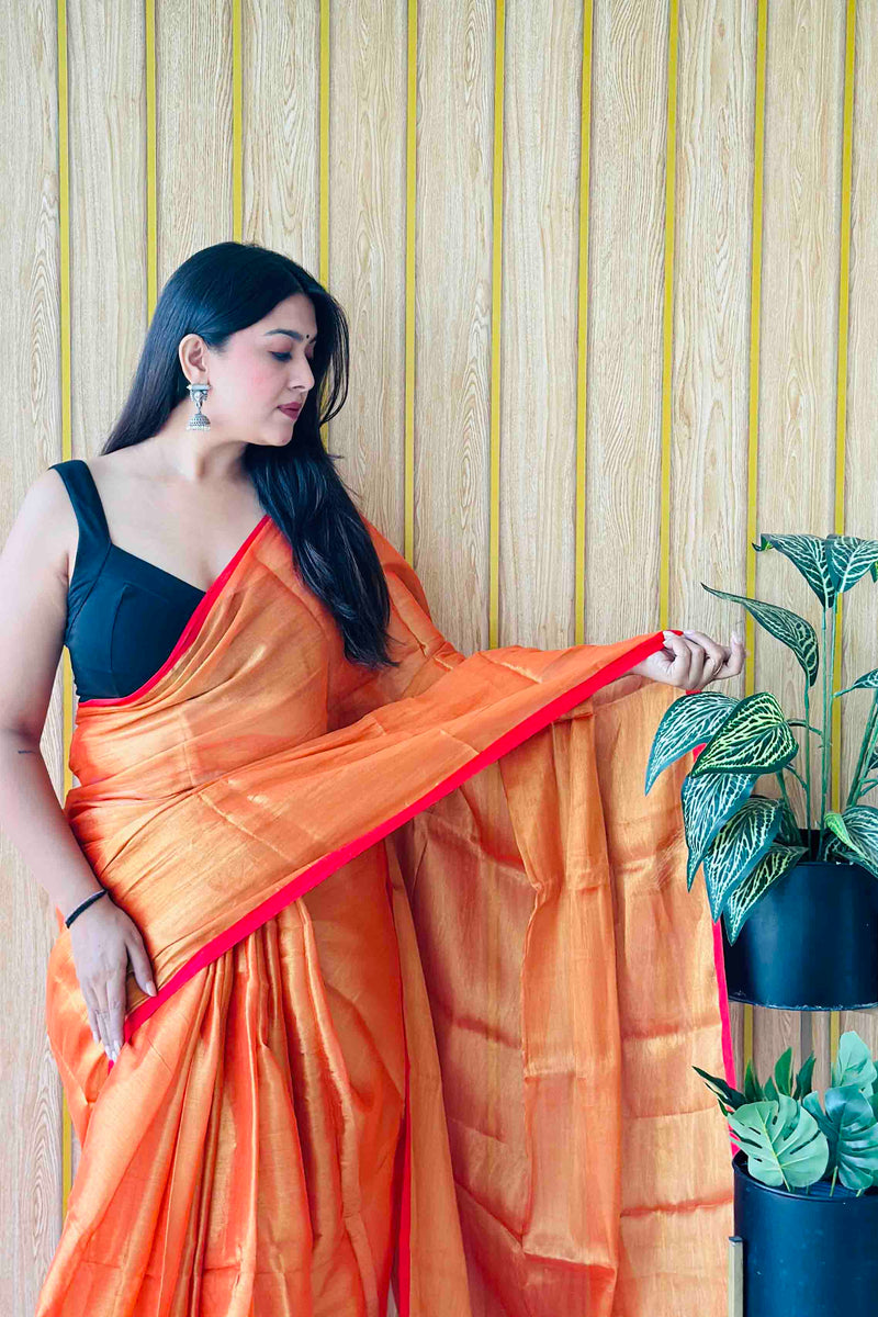 Orange Handloom Cotton Tissue Saree