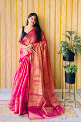 Ruby Pink Handloom Cotton Tissue Saree