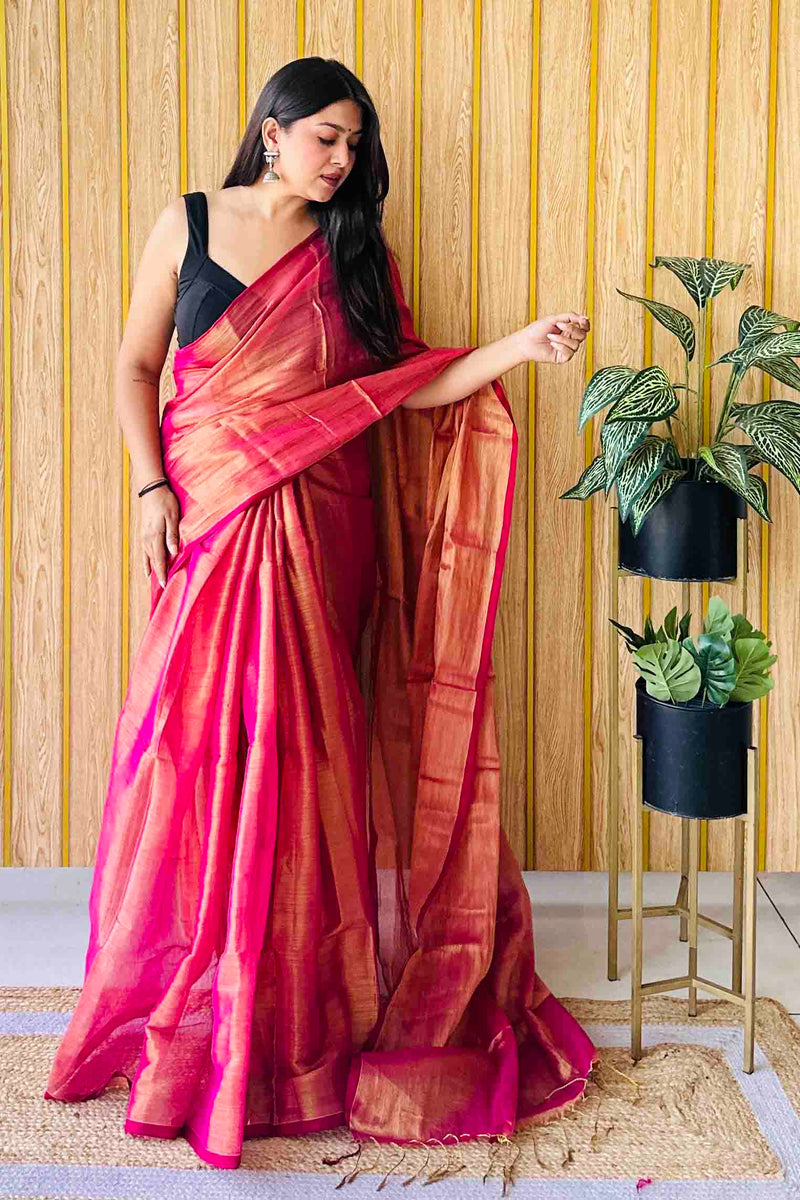 Ruby Pink Handloom Cotton Tissue Saree