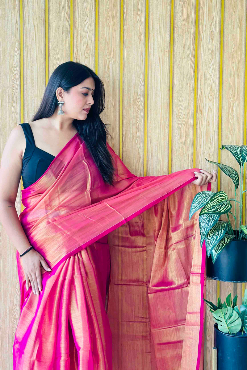 Ruby Pink Handloom Cotton Tissue Saree