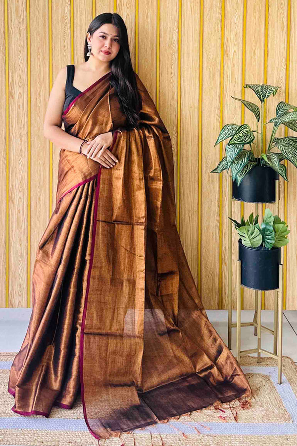 Copper Handloom Cotton Tissue Saree