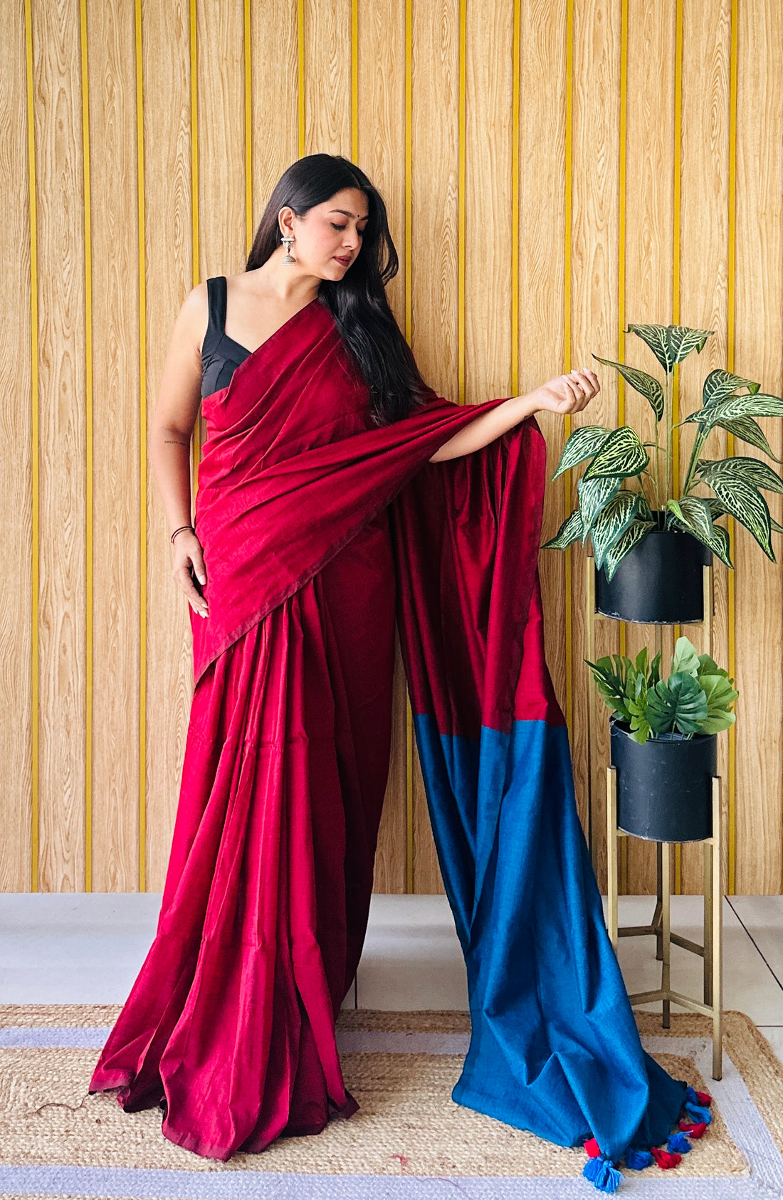 Red & Royal Blue  Handloom Cotton Saree