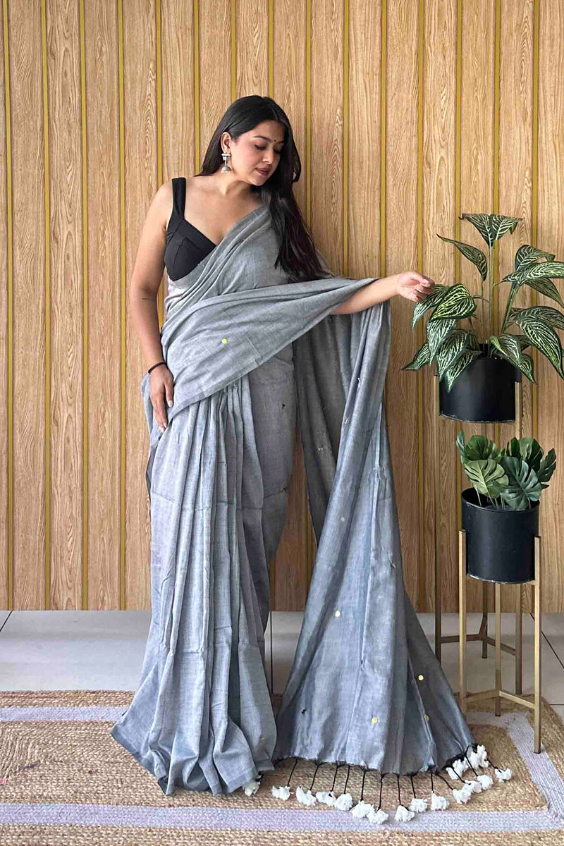 Grey Handloom Cotton Saree