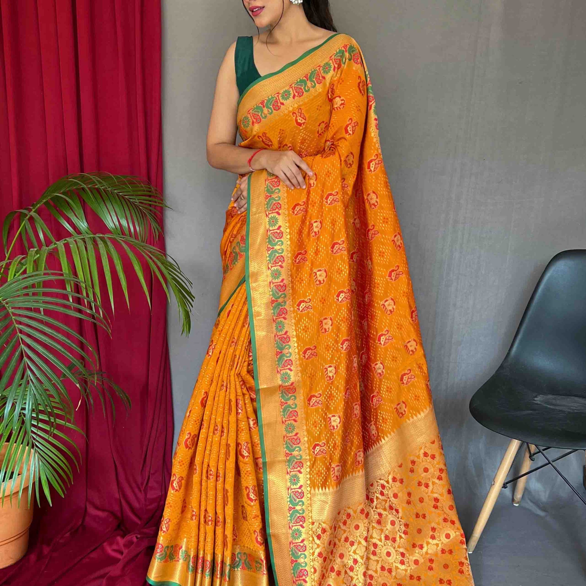 Mustard Yellow Patola Silk Zari Weaving Saree