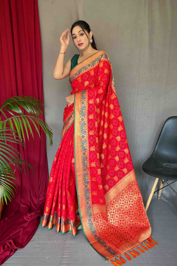 Bright Red Patola Silk Zari Weaving Saree