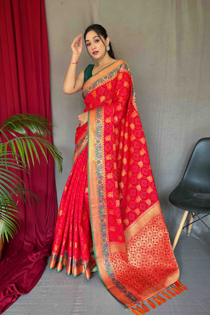 Bright Red Patola Silk Zari Weaving Saree
