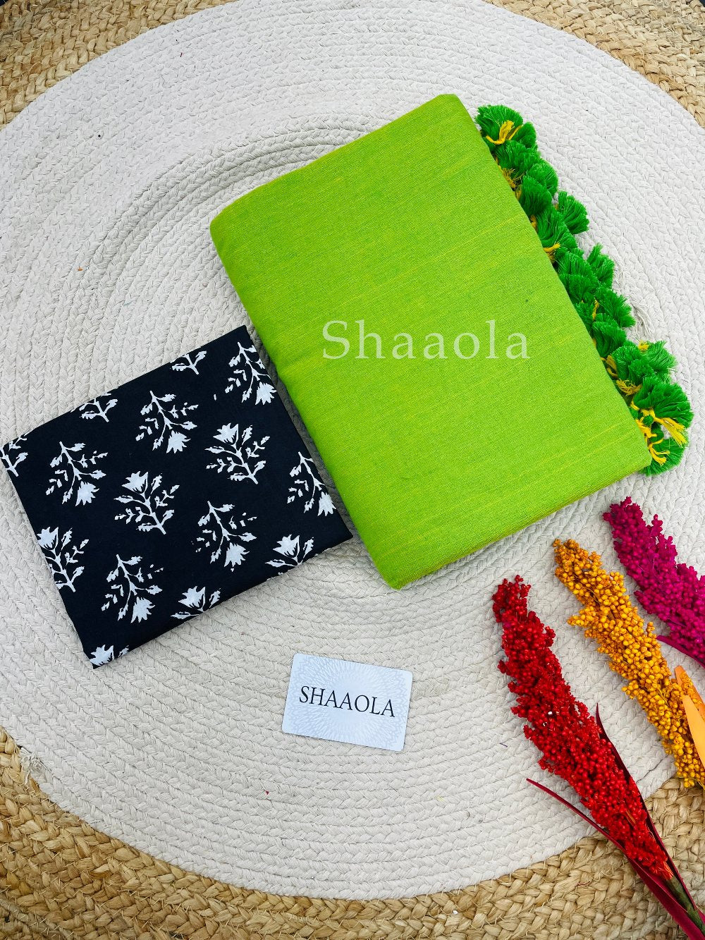 Parrot Green Handloom Cotton Saree with Black Blouse