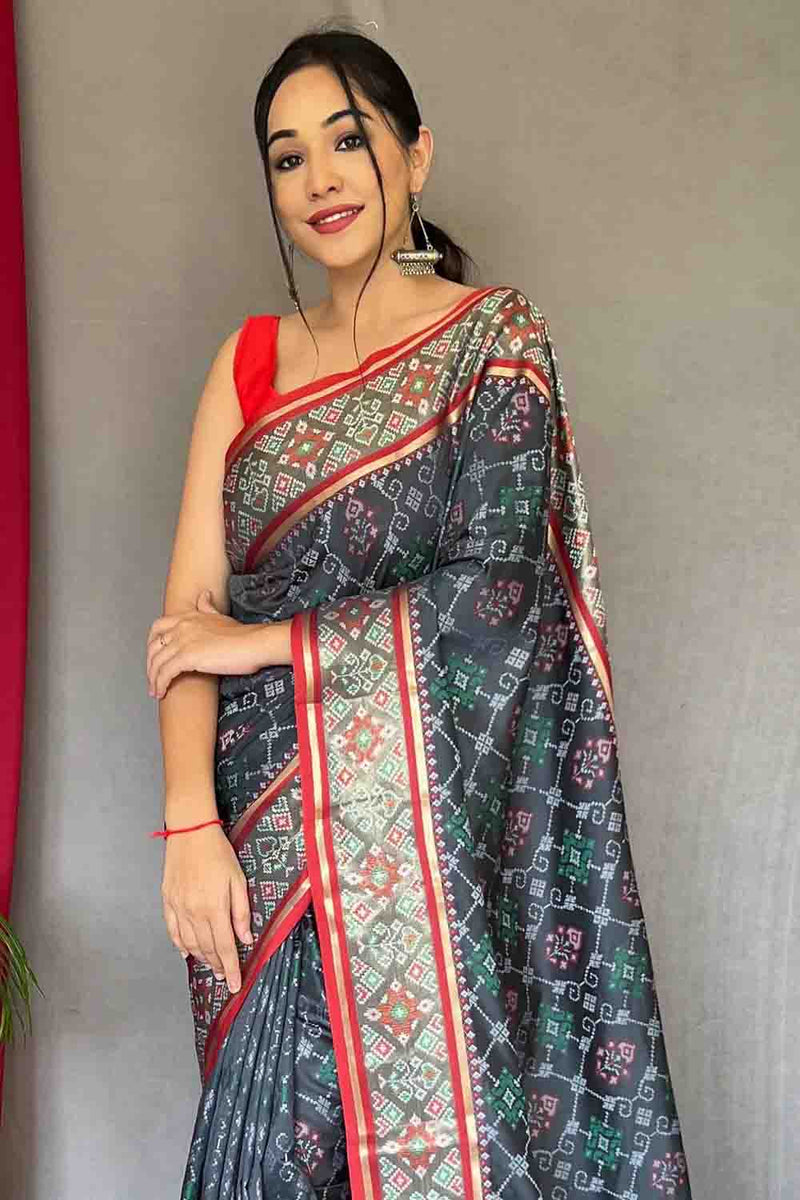 Grey Patola Silk Zari Weaving Saree