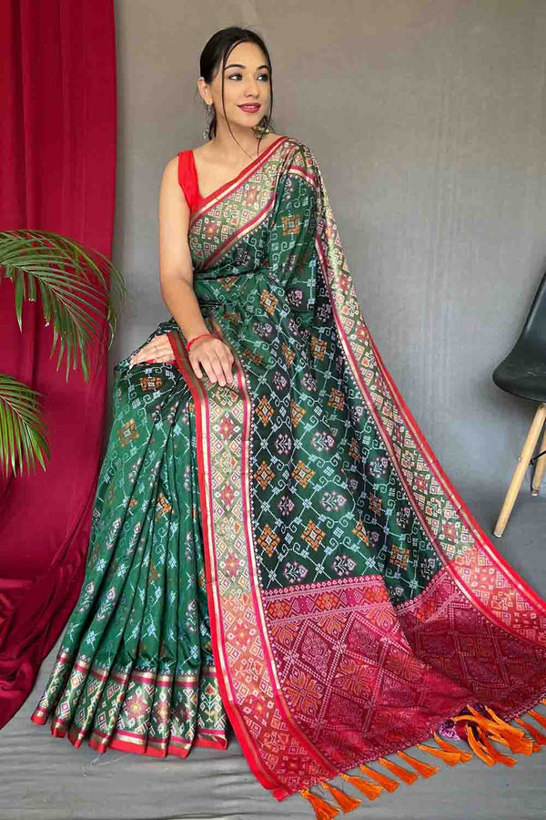 Dark Green Patola Silk Zari Weaving Saree