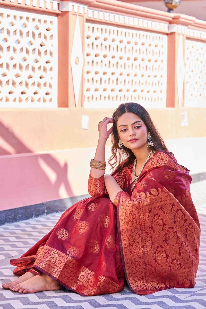 Bright Red Banarasi Katan Silk Saree