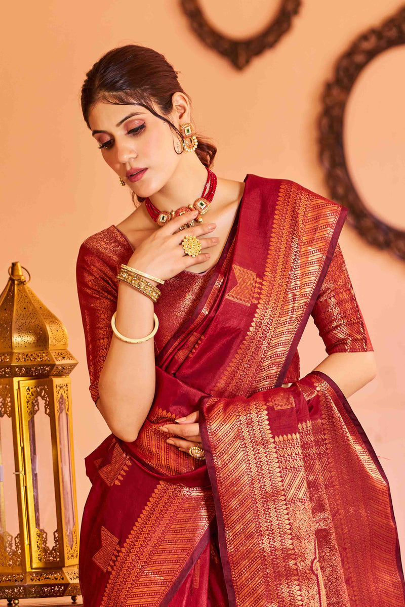 Bright Red Banarasi Katan Silk Saree