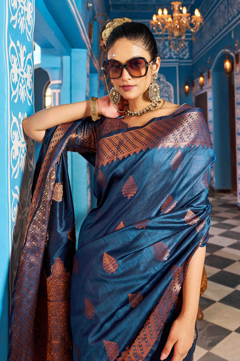 Tory Blue Banarasi Katan Silk Saree