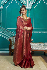 Rose Red Banarasi Katan Silk Saree