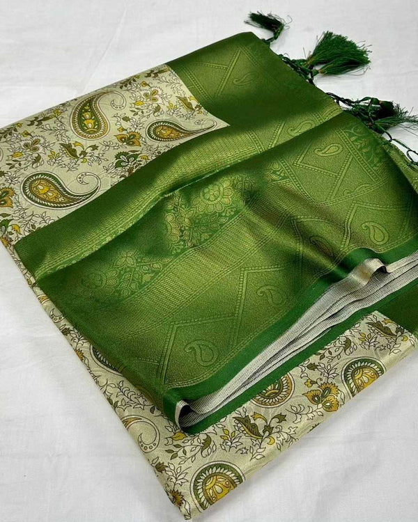 Dark Green Digital Print Soft Pattu Silk Saree