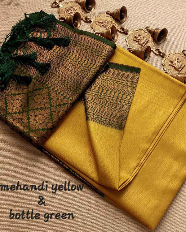 Mehandi Yellow & Bottle Green Soft Pattu Silk Saree