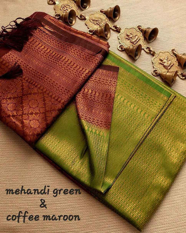 Mehandi Green & Coffe Maroon Soft Pattu Silk Saree