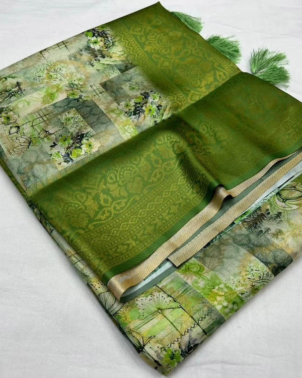 Green Digital Print Soft Pattu Silk Saree