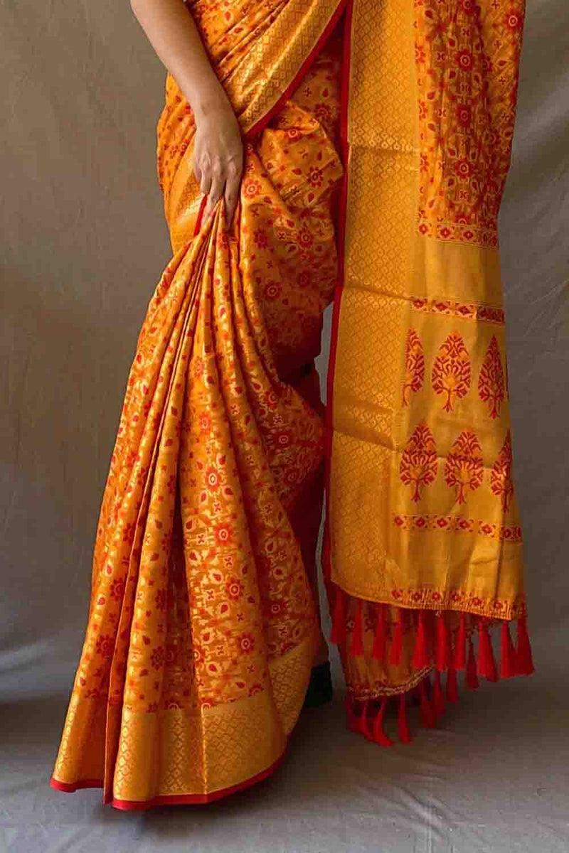 Fire Yellow Patola Silk Zari Weaving Saree