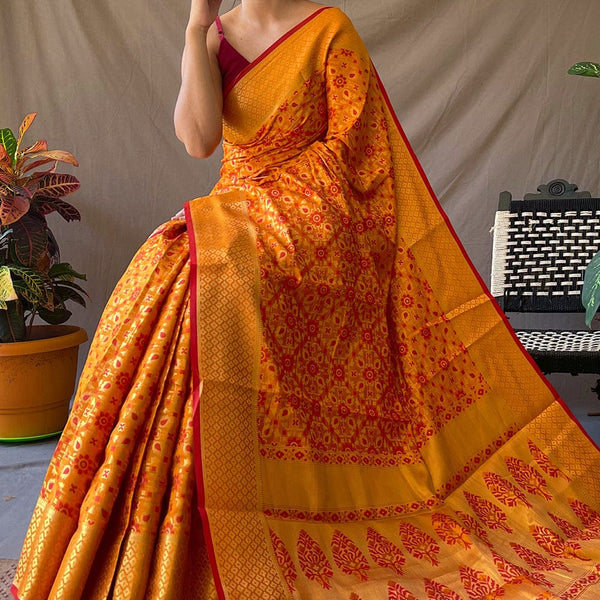 Buy handwoven yellow single Ikar saree | Weaveinindia – WeaveinIndia