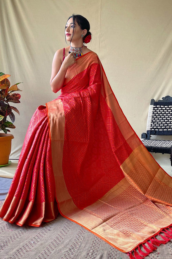 Rose Red Patola Silk Zari Weaving Saree