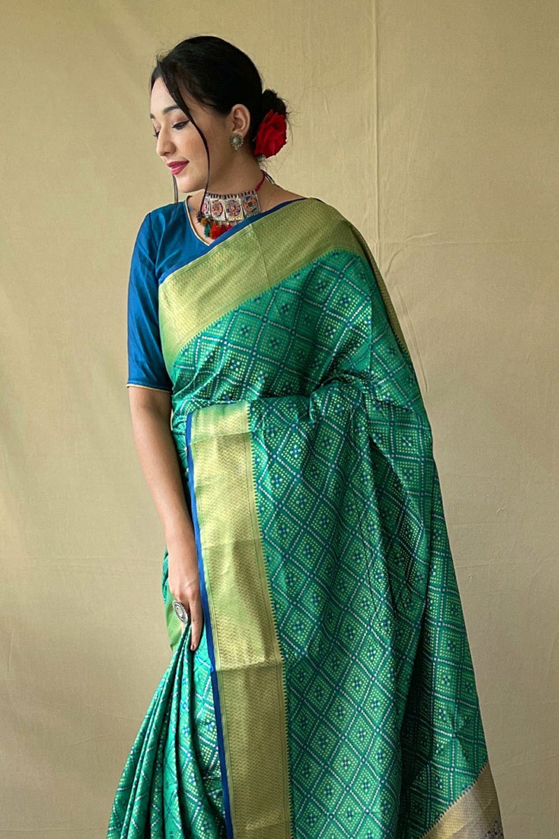 Teal Green Patola Silk Zari Weaving Saree