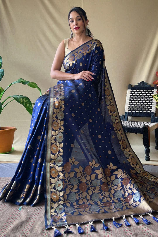 Navy Blue Zari Weaving Banarasi Silk Saree