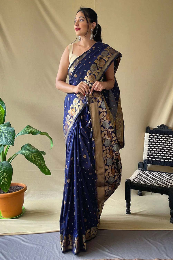 Navy Blue Zari Weaving Banarasi Silk Saree