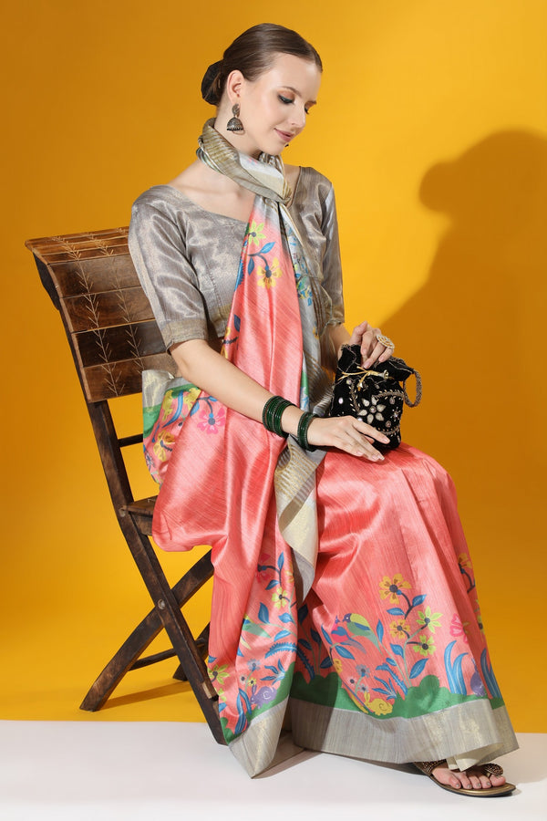 Coral Pink Zari Woven & Printed Tussar Silk Saree