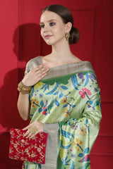 Light Green Zari Woven & Printed Tussar Silk Saree