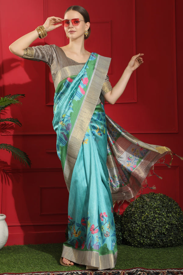 Sky Blue Zari Woven & Printed Tussar Silk Saree