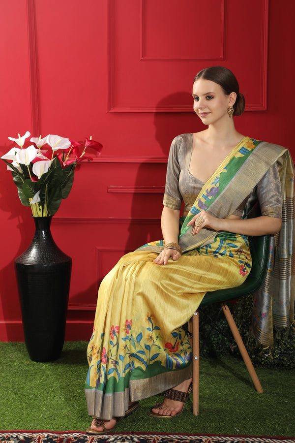 Lemon Yellow Zari Woven & Printed Tussar Silk Saree